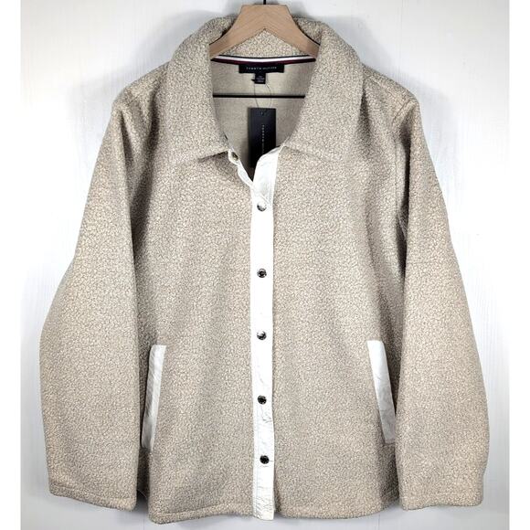 New Tommy Hilfiger Womens XXL Faux Sherpa Snap Button Jacket Coat Beige Warm - Picture 1 of 15
